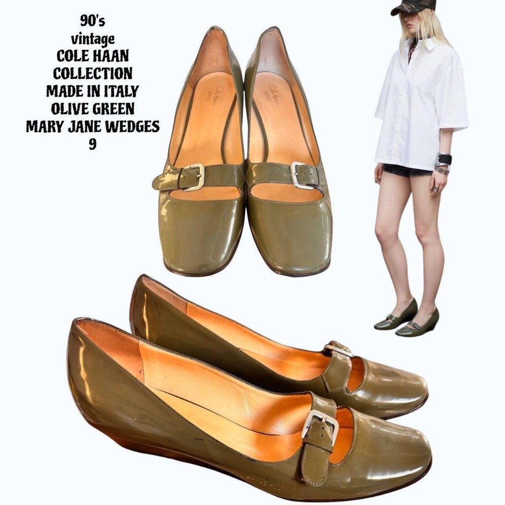 VTG 90s Cole Haan Collection Olive  Buckle Mary Jane Wedges 9 MADE IN ITALY